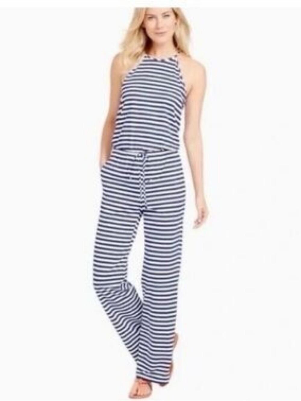 J McLaughlin Striped Halter [XS] Jumpsuit Navy Strioe Wide Leg Coastal Stretch